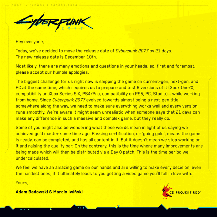Cyberpunk 2077 Delayed Once Again says CD Projekt RED