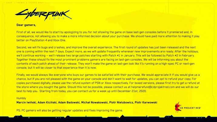CD Projekt RED Apologized To Players For Cyberpunk 2077