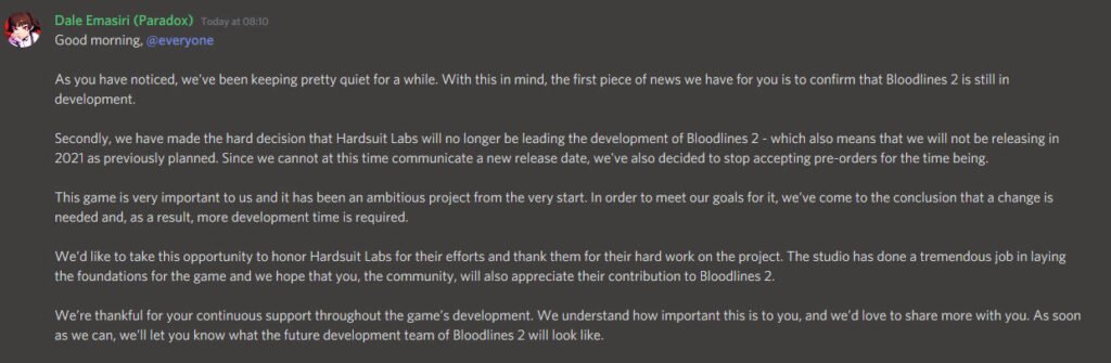 Vampire the Masquerade: Bloodlines 2 Delayed