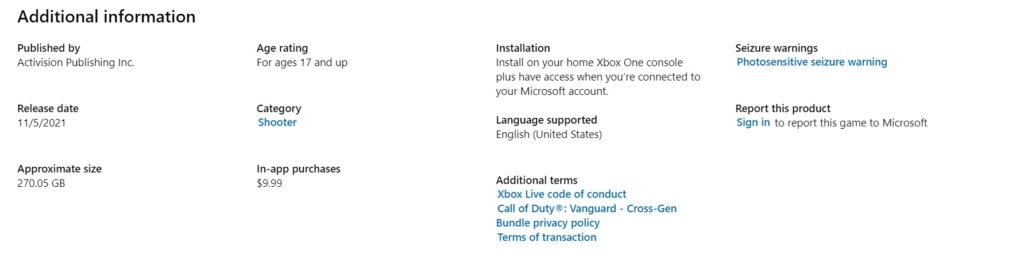 Call of Duty Vanguard Size is 270GB on Microsoft Store